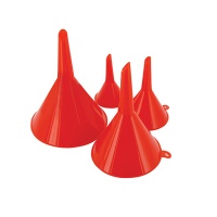 Brookstone Set of 4 Unipart assorted size straight spout plastic funnels. 